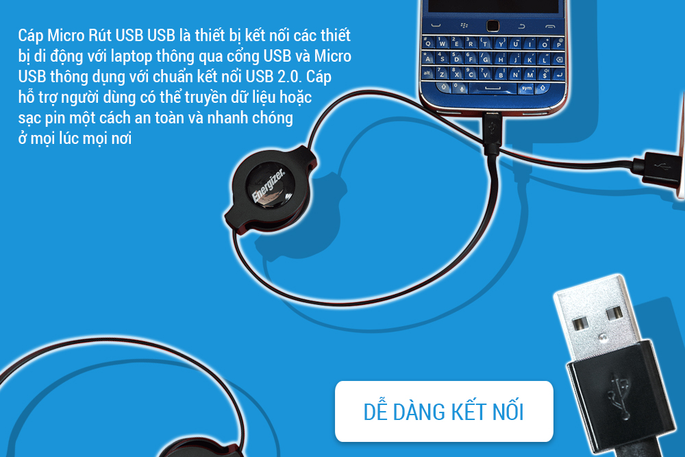 Cáp Sạc Micro USB Dây Rút Energizer C31UBRETEBK4 (80cm) - Đen  - Hàng Chính Hãng